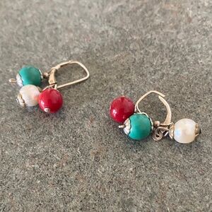 Chic Silver Earrings with Red, Green, and Cream Beads